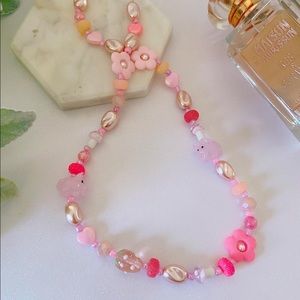 necklace with freshwater pearls, artisan lamp work beads, crystals and gemstones